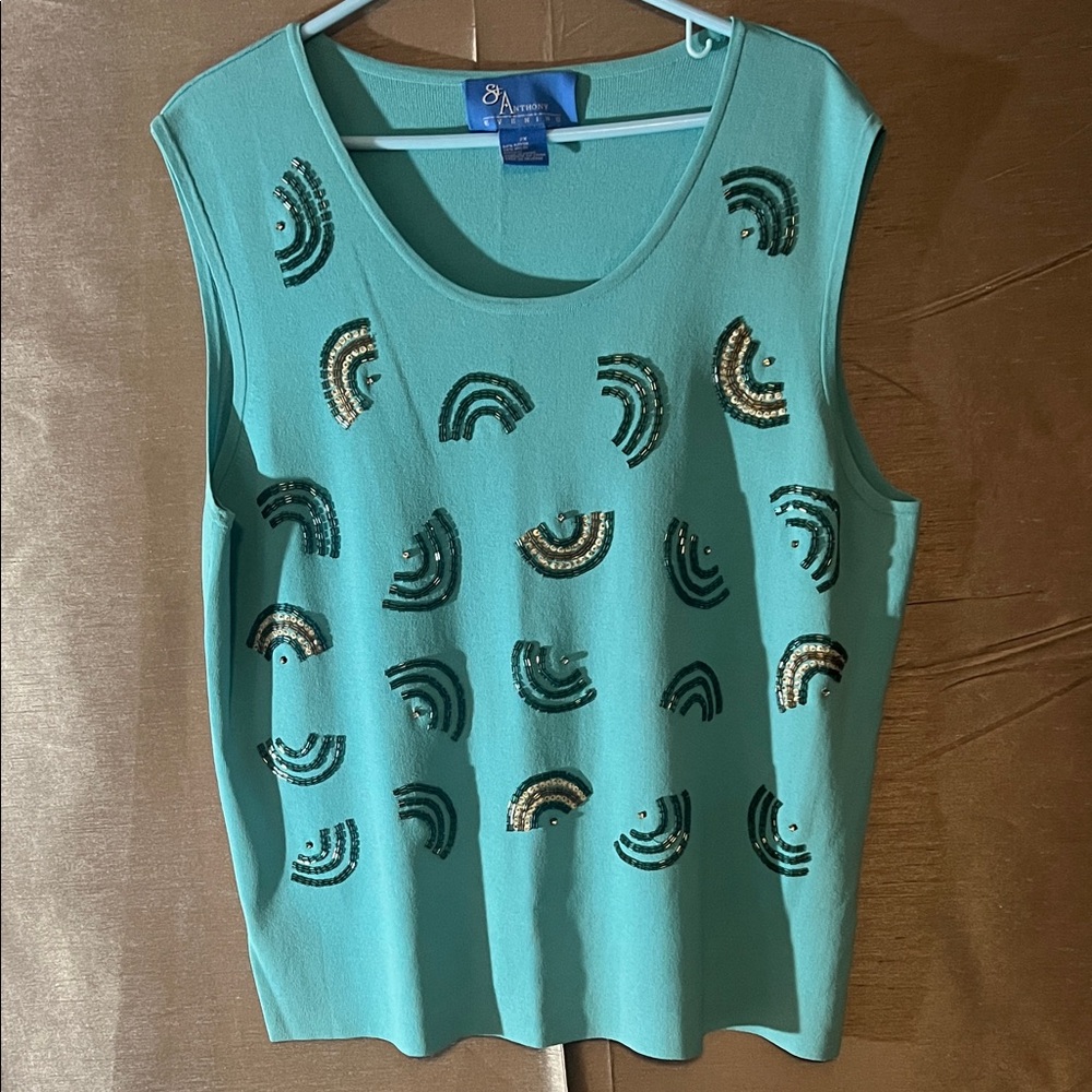 St. Anthony Evening Teal Knitwear Sleeveless Top w/sequins and beads